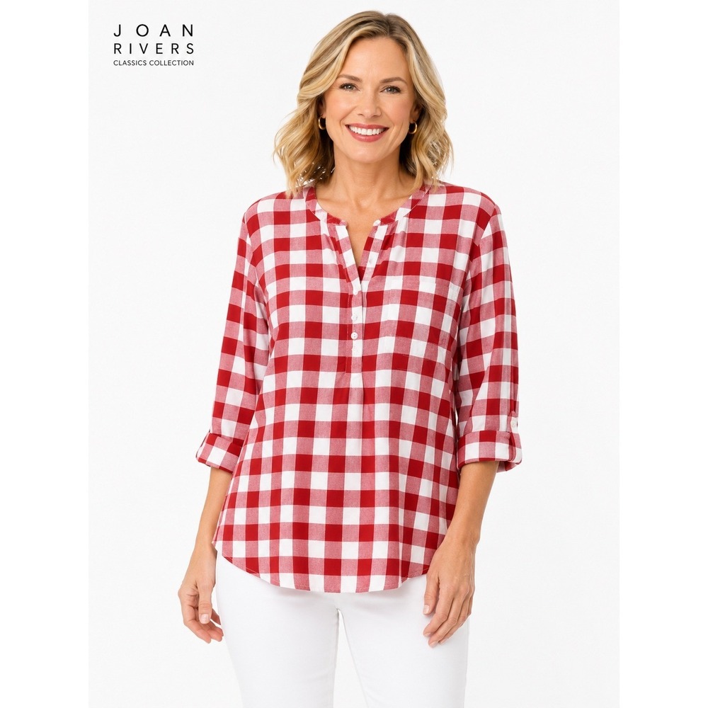 Joan Rivers cherry pink Red White Gingham Cotton Henley Blouse 3/4 Sleeve 1X